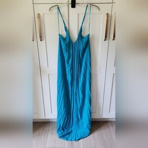 Lovestitch Dress Womens M/L Turquoise Gauze Maxi Pleated V-Neck Spaghetti Strap